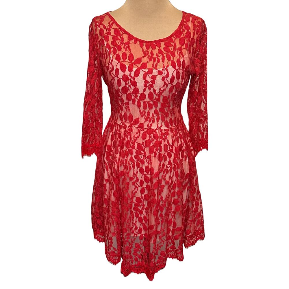 Free People Red Sheer Lace Dress A-Line Long Sleeve Size 8